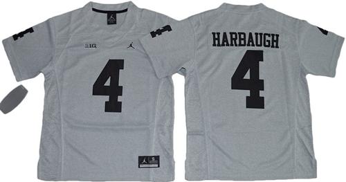 Wolverines #4 Jim Harbaugh Gridiron Gray II Jordan Brand Stitched Youth NCAA Jersey - Click Image to Close